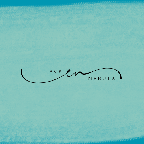 the words eve nebula on a teal background. there is a lowercase e and a lowercase n in cursive in the center, with flourishes on either side.